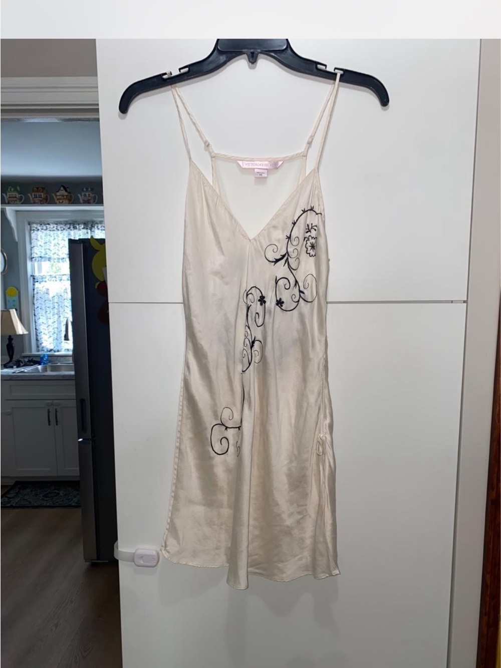 Victoria's Secret Cream Satin Slip Dress with Black Embroidery